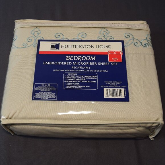 NEW Huntington Home Embroidered Microfiber 4 Piece Bed Sheet Set King Beige Aldi - Picture 1 of 7